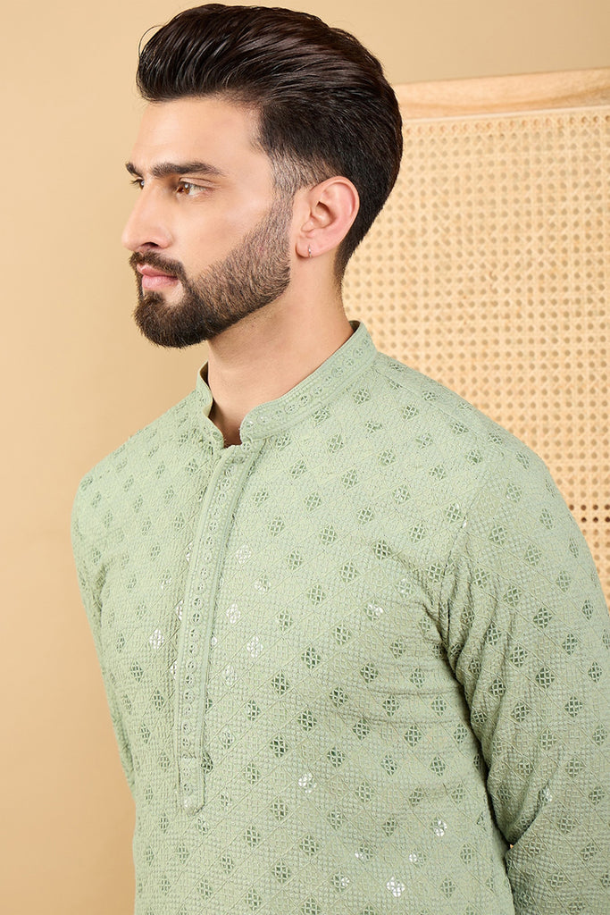 Green Viscose Rayon Solid Embroidered Straight Kurta with Trouser MKSET1053