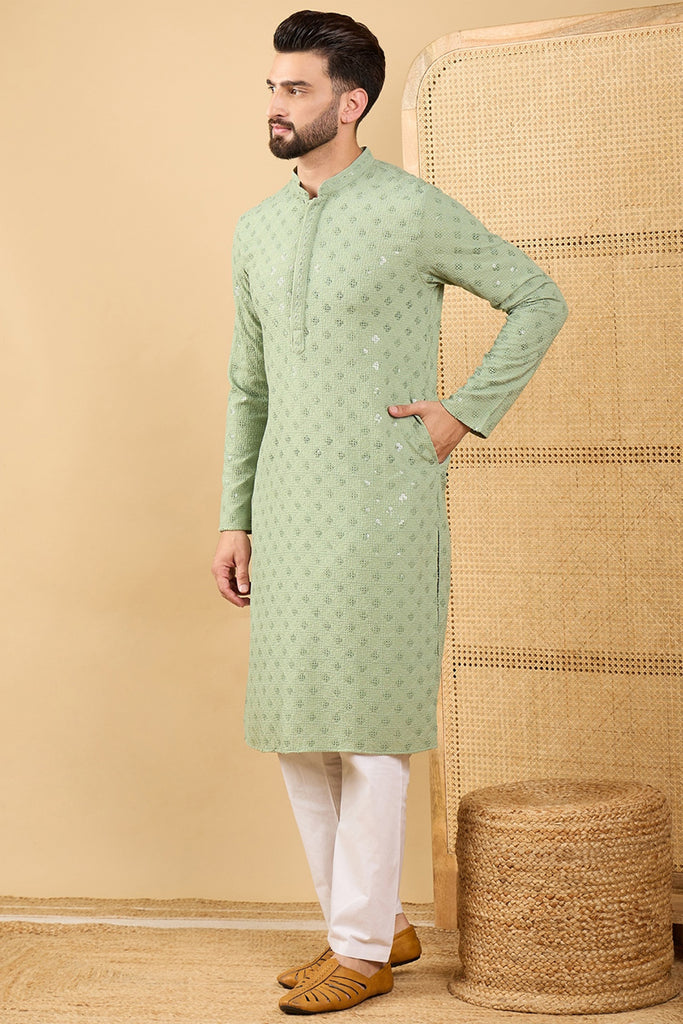 Green Viscose Rayon Solid Embroidered Straight Kurta with Trouser MKSET1053