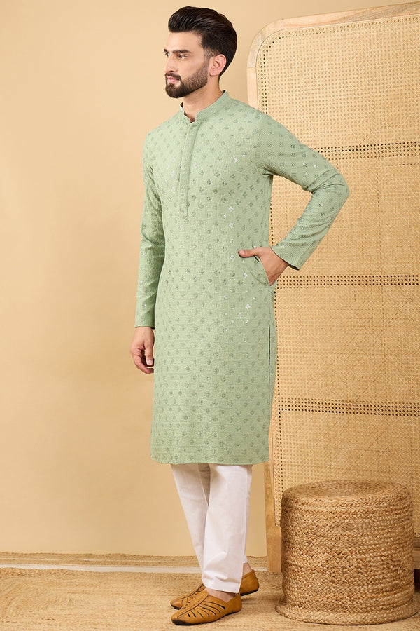 Green Viscose Rayon Solid Embroidered Straight Kurta with Trouser MKSET1053