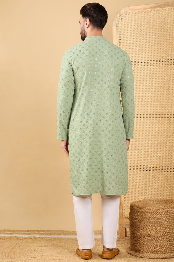 Green Viscose Rayon Solid Embroidered Straight Kurta with Trouser MKSET1053