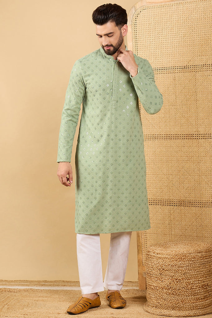 Green Viscose Rayon Solid Embroidered Straight Kurta with Trouser MKSET1053