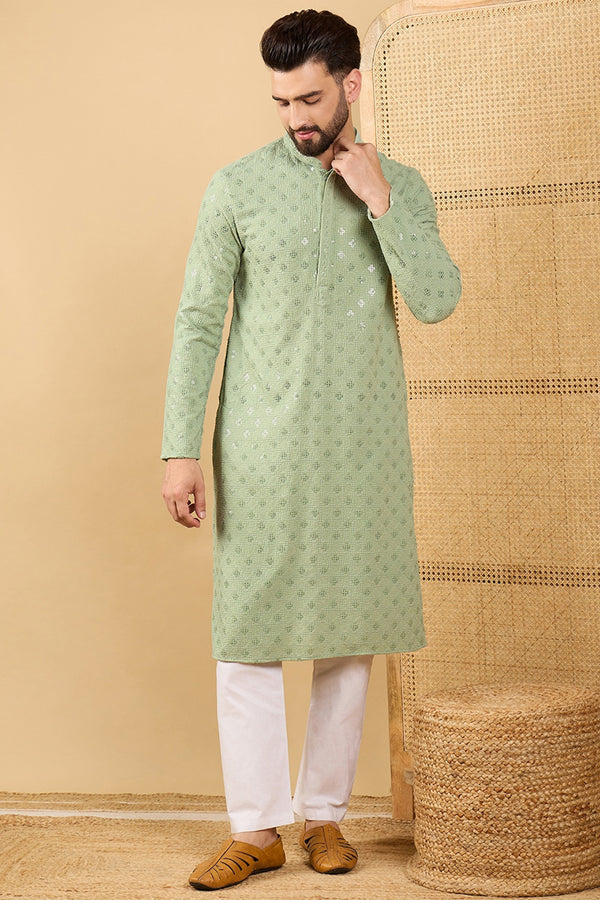 Green Viscose Rayon Solid Embroidered Straight Kurta with Trouser MKSET1053
