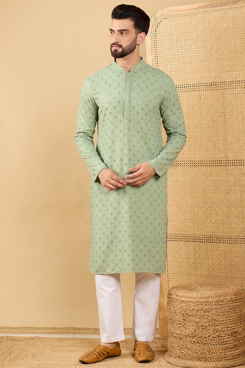 Green Viscose Rayon Solid Embroidered Straight Kurta with Trouser MKSET1053