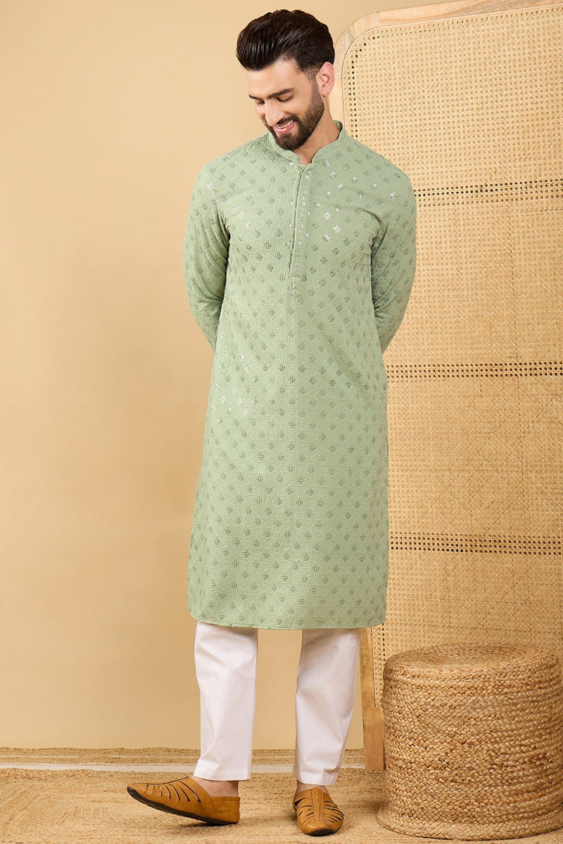 Green Viscose Rayon Solid Embroidered Straight Kurta with Trouser MKSET1053