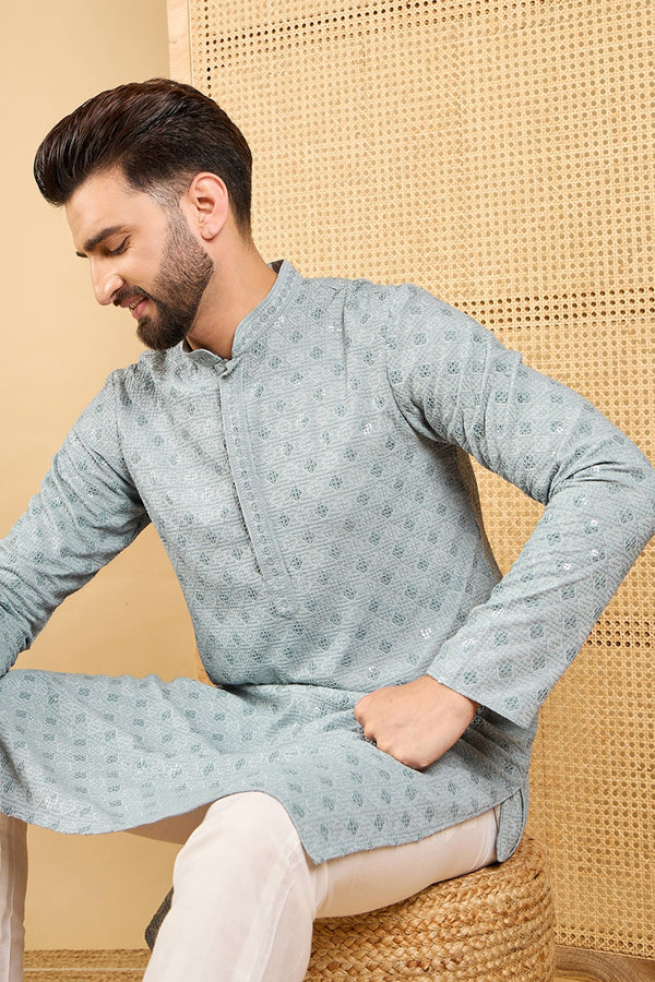 Grey Viscose Rayon Solid Embroidered Straight Kurta with Trouser MKSET1054