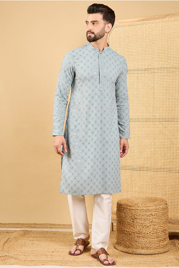 Grey Viscose Rayon Solid Embroidered Straight Kurta with Trouser MKSET1054