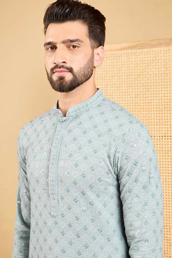 Grey Viscose Rayon Solid Embroidered Straight Kurta with Trouser MKSET1054