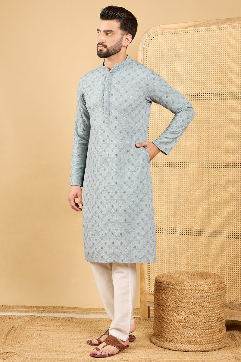 Grey Viscose Rayon Solid Embroidered Straight Kurta with Trouser MKSET1054