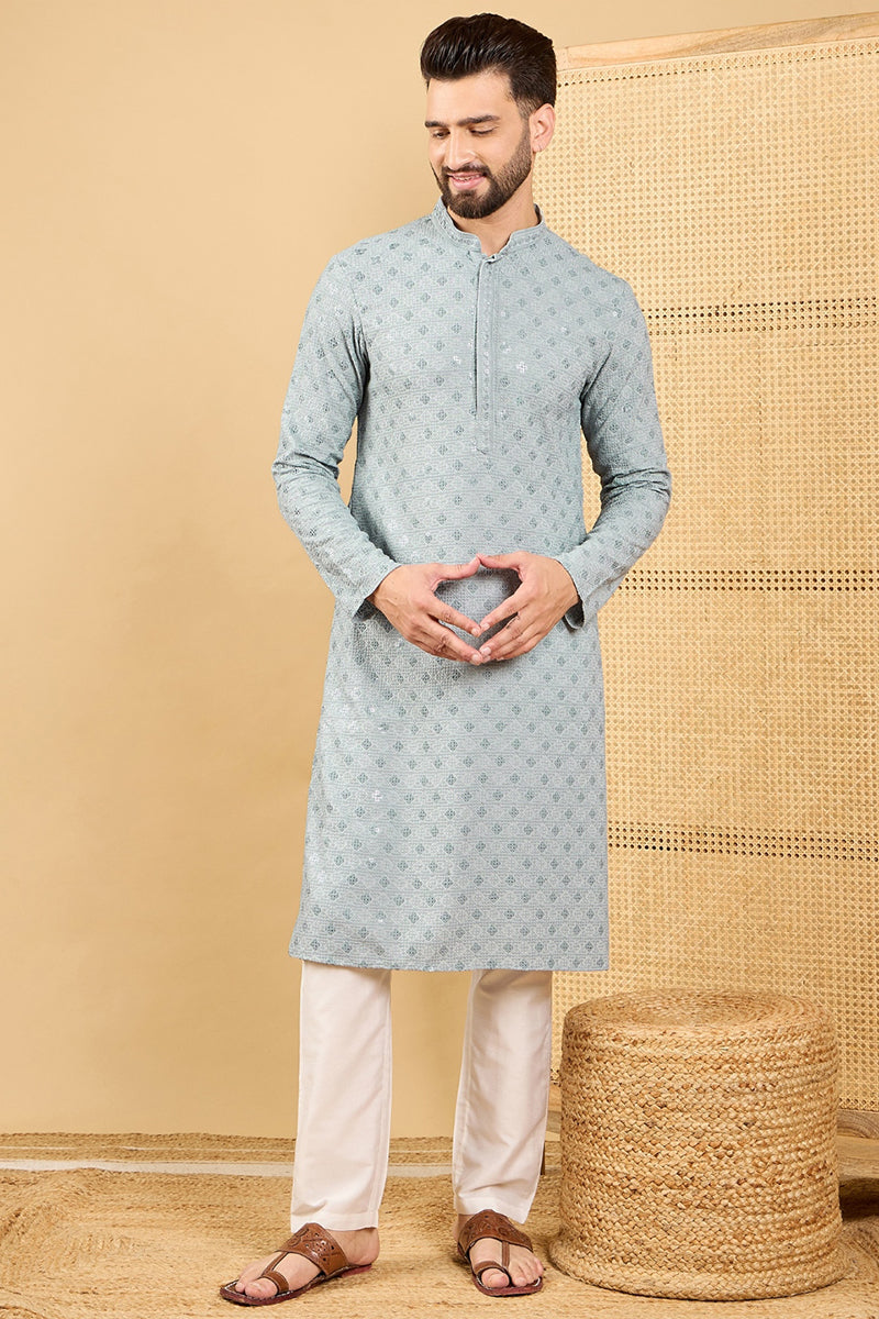 Grey Viscose Rayon Solid Embroidered Straight Kurta with Trouser MKSET1054