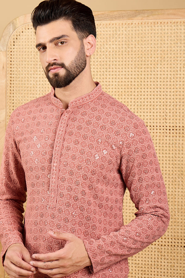 Rust Viscose Rayon Solid Embroidered Straight Kurta with Trouser MKSET1055
