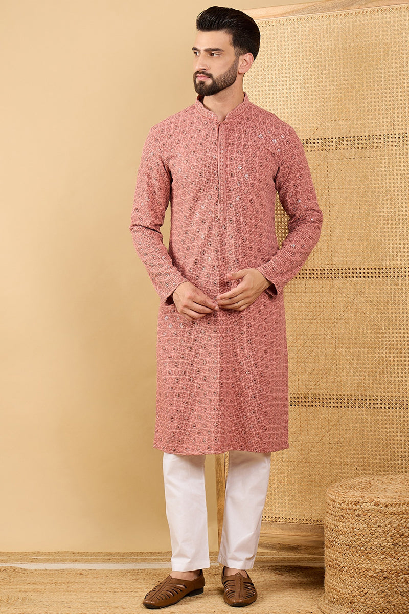Rust Viscose Rayon Solid Embroidered Straight Kurta with Trouser MKSET1055