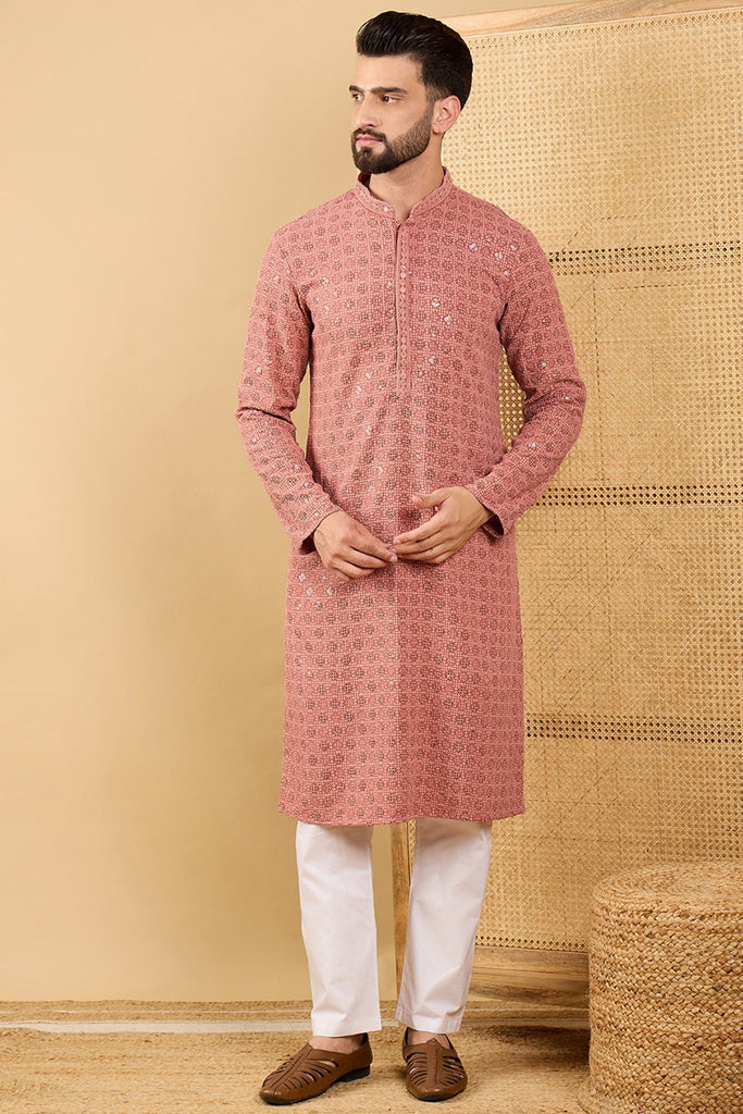 Rust Viscose Rayon Solid Embroidered Straight Kurta with Trouser MKSET1055