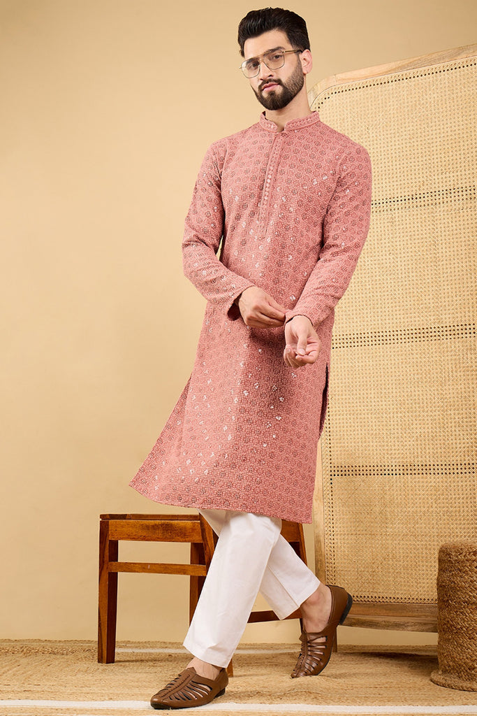 Rust Viscose Rayon Solid Embroidered Straight Kurta with Trouser MKSET1055
