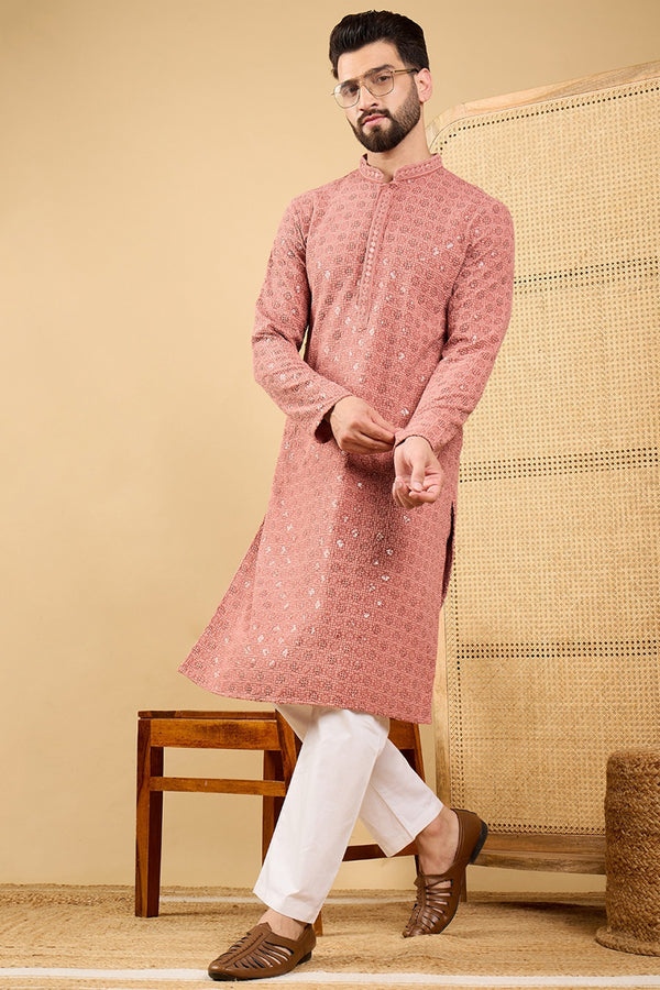 Rust Viscose Rayon Solid Embroidered Straight Kurta with Trouser MKSET1055