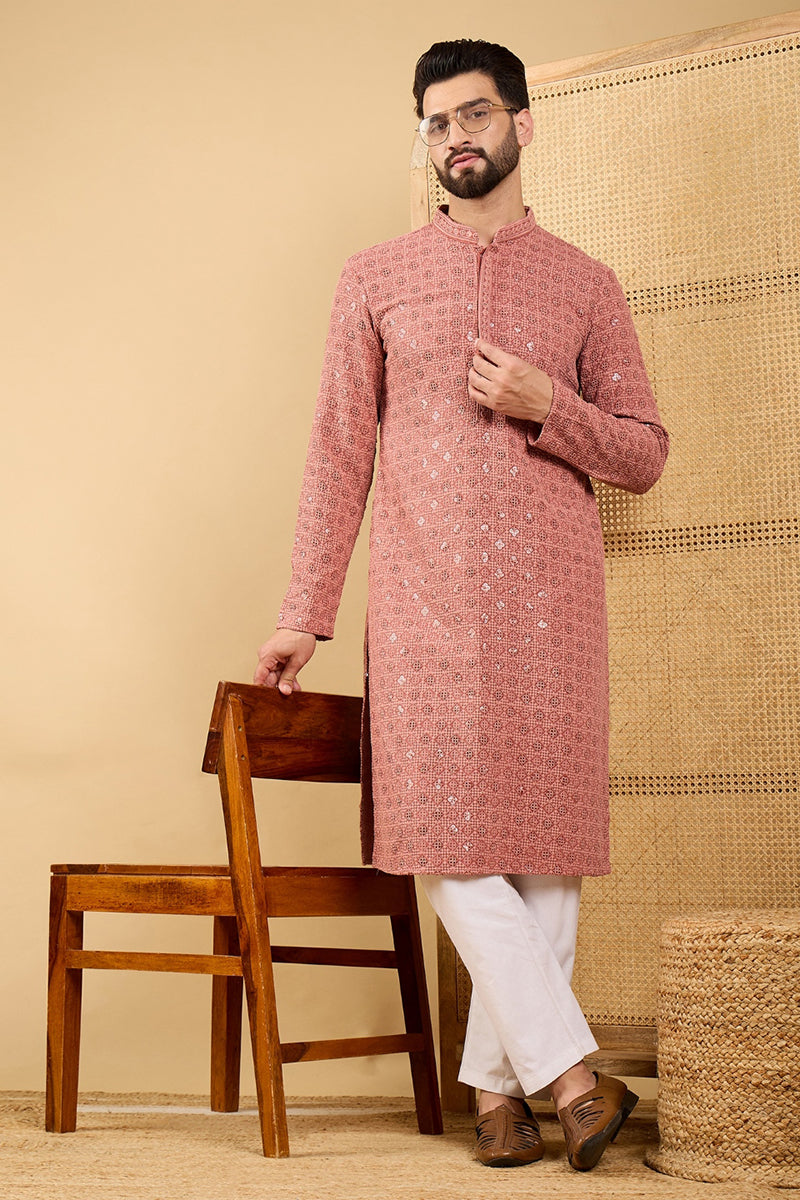 Rust Viscose Rayon Solid Embroidered Straight Kurta with Trouser MKSET1055