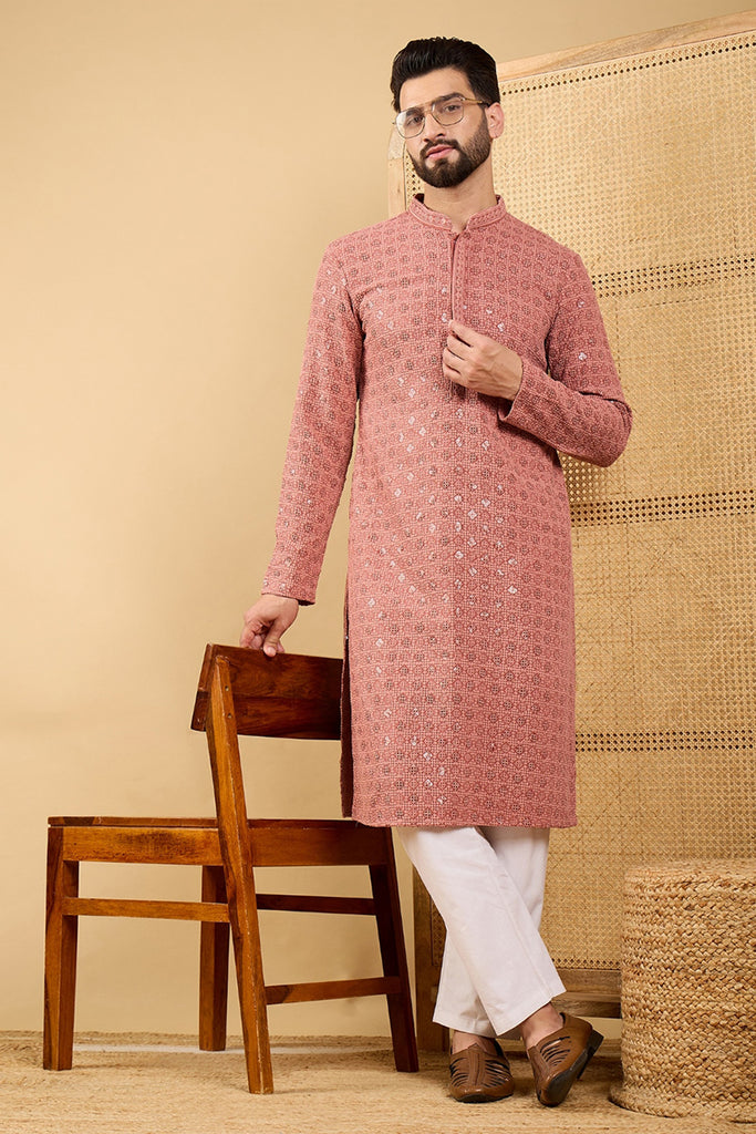 Rust Viscose Rayon Solid Embroidered Straight Kurta with Trouser MKSET1055