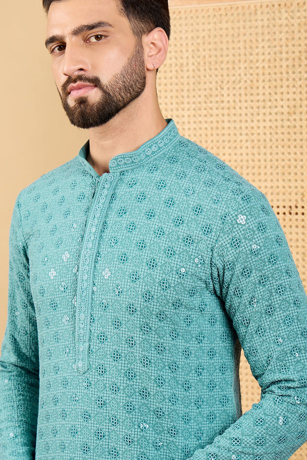 Blue Viscose Rayon Solid Embroidered Straight Kurta with Trouser MKSET1056