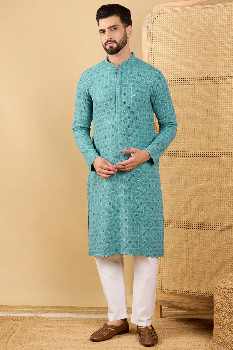 Blue Viscose Rayon Solid Embroidered Straight Kurta with Trouser MKSET1056