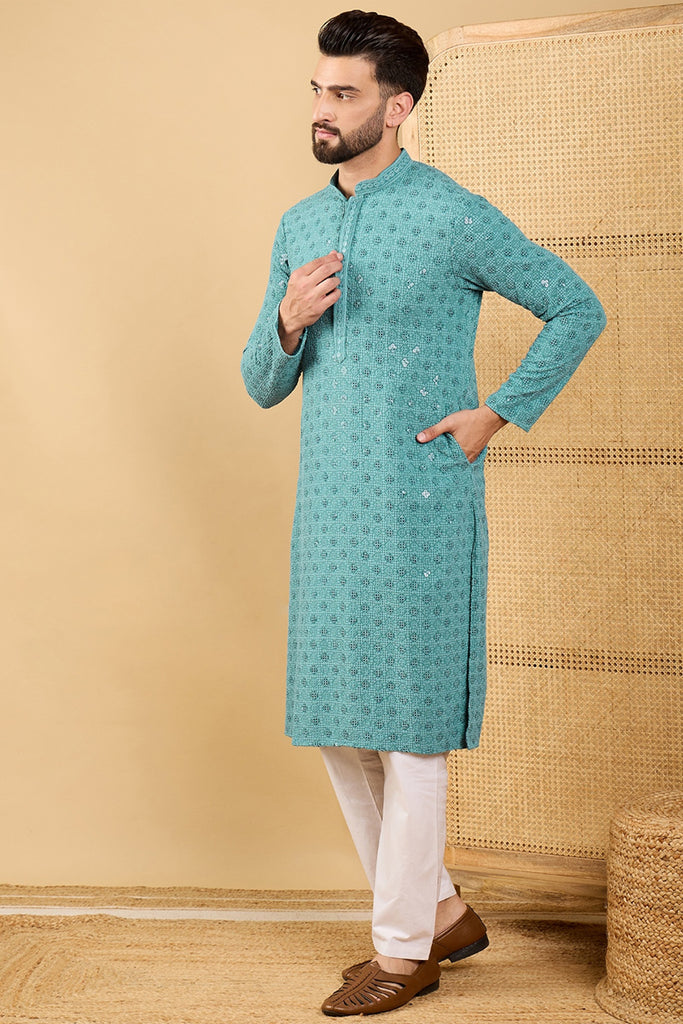 Blue Viscose Rayon Solid Embroidered Straight Kurta with Trouser MKSET1056
