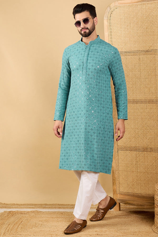Blue Viscose Rayon Solid Embroidered Straight Kurta with Trouser MKSET1056