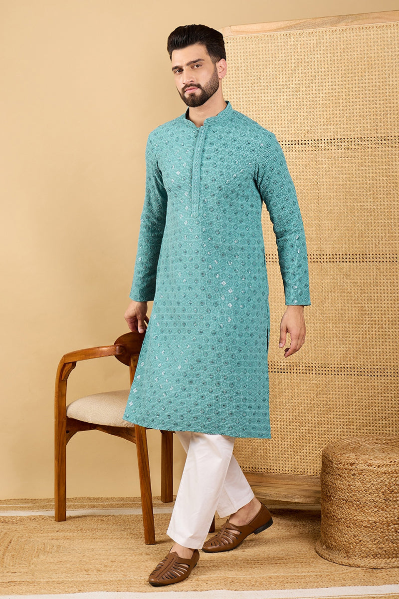 Blue Viscose Rayon Solid Embroidered Straight Kurta with Trouser MKSET1056