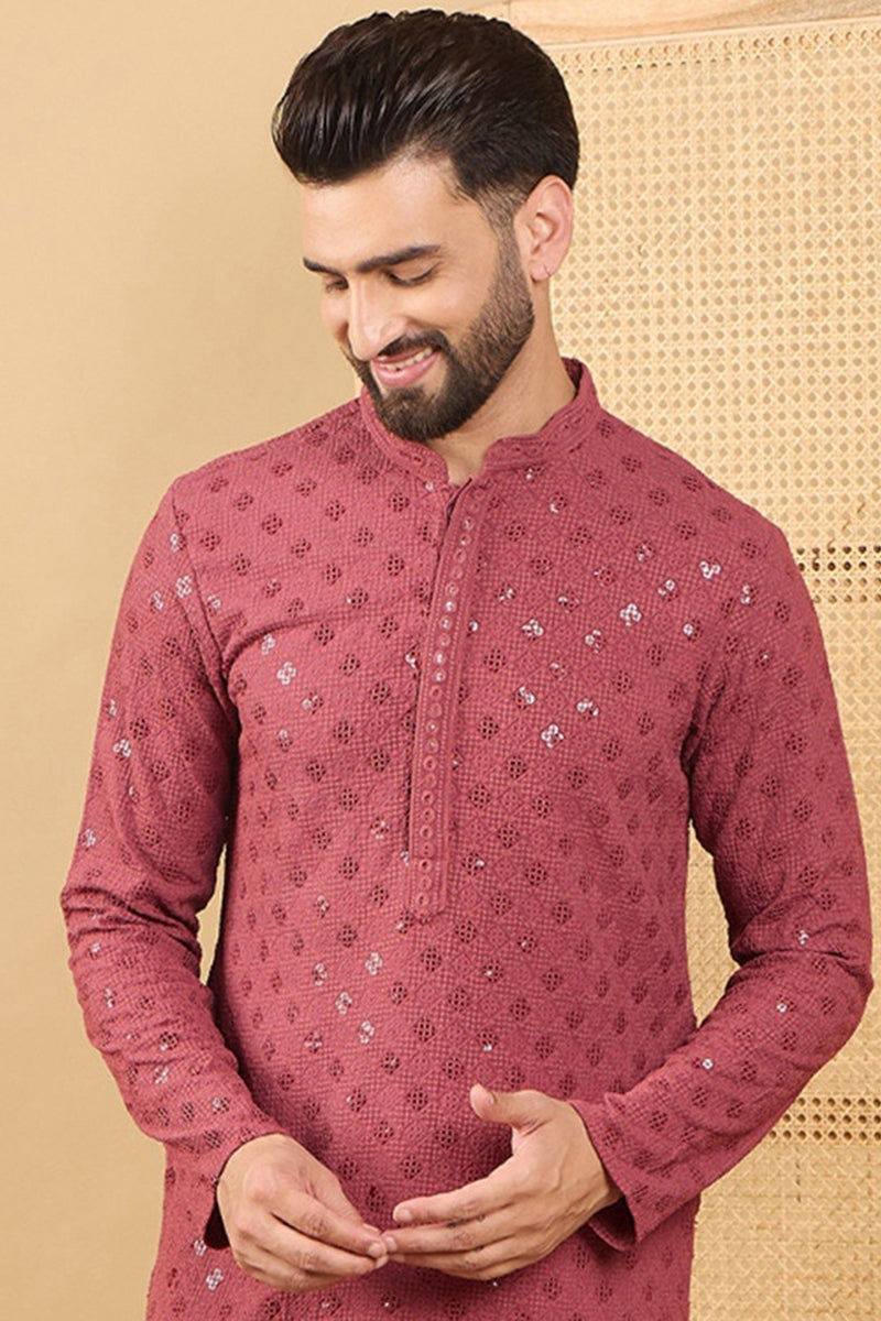 Red Viscose Rayon Solid Embroidered Straight Kurta with Trouser MKSET1057