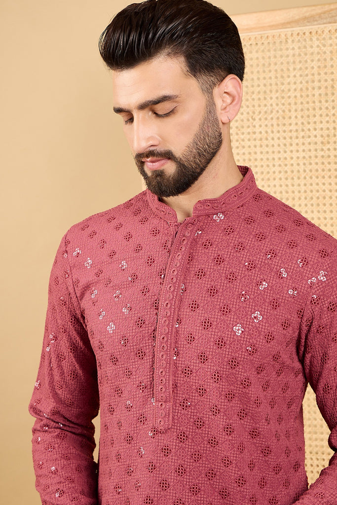 Red Viscose Rayon Solid Embroidered Straight Kurta with Trouser MKSET1057