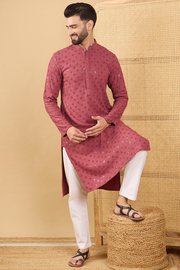Red Viscose Rayon Solid Embroidered Straight Kurta with Trouser MKSET1057