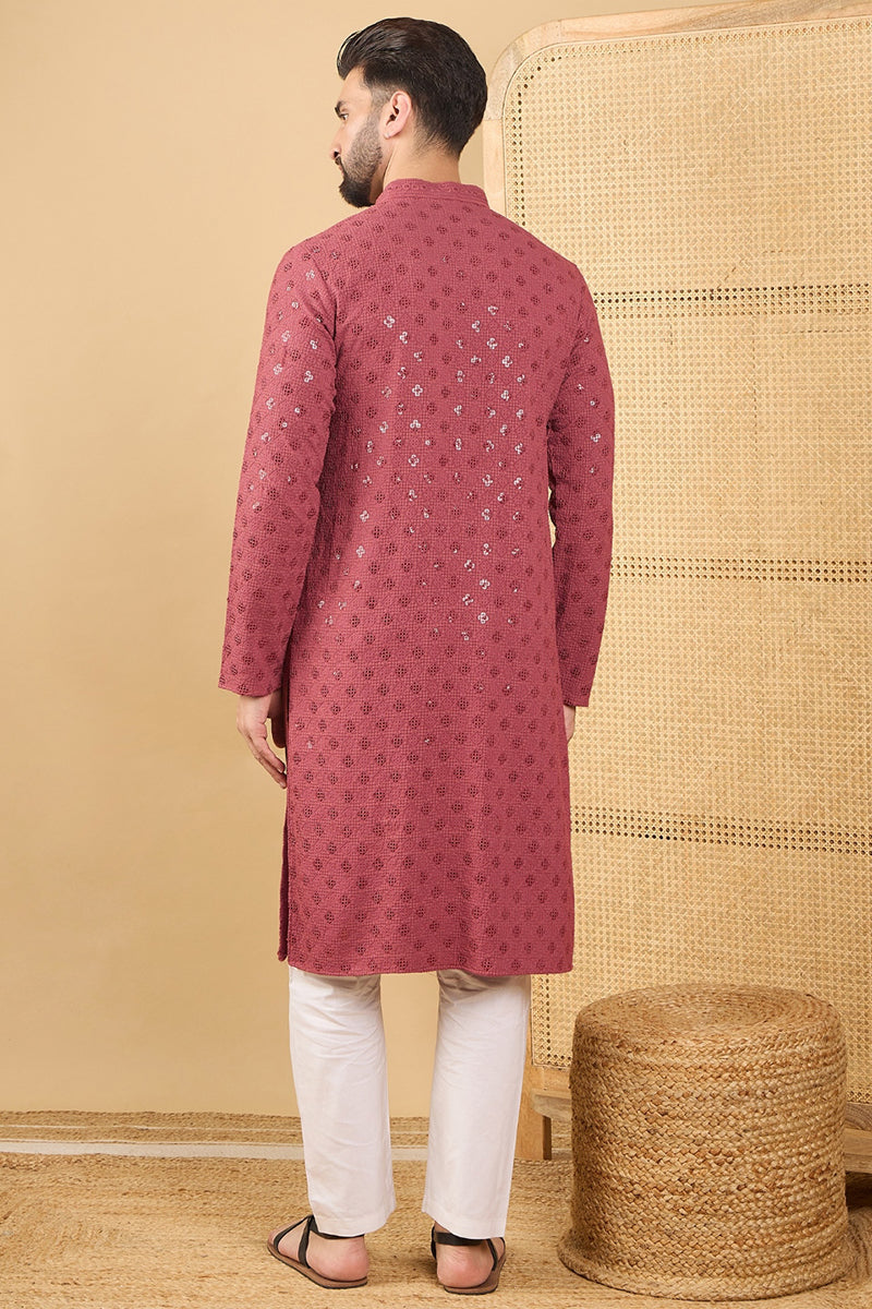Red Viscose Rayon Solid Embroidered Straight Kurta with Trouser MKSET1057