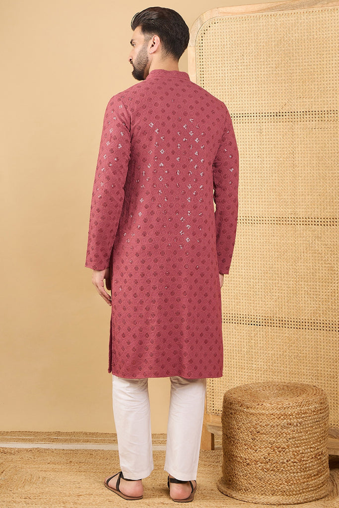 Red Viscose Rayon Solid Embroidered Straight Kurta with Trouser MKSET1057