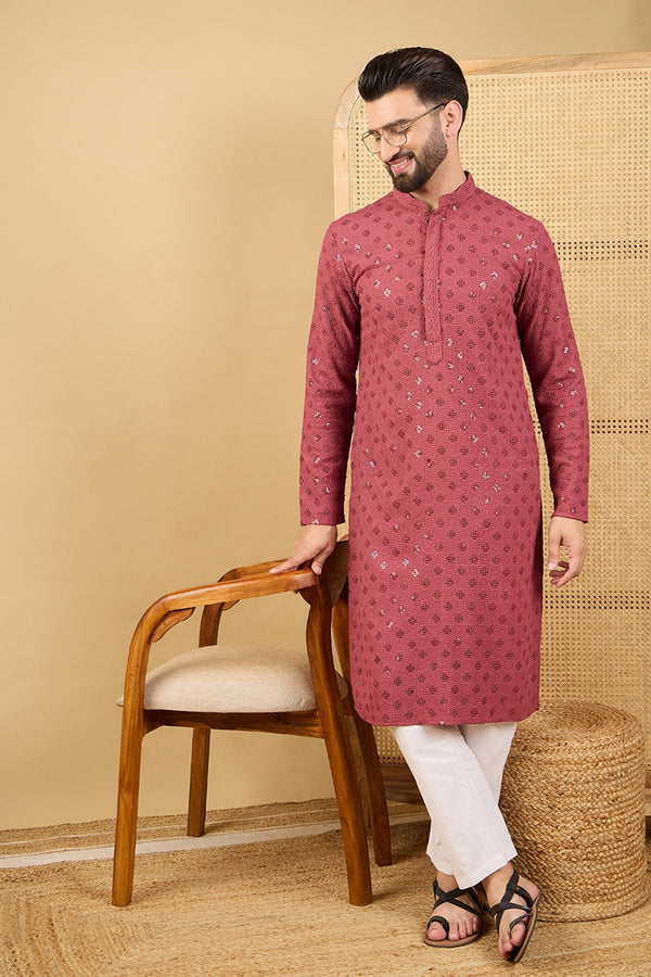 Red Viscose Rayon Solid Embroidered Straight Kurta with Trouser MKSET1057
