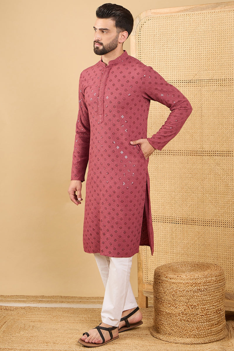Red Viscose Rayon Solid Embroidered Straight Kurta with Trouser MKSET1057