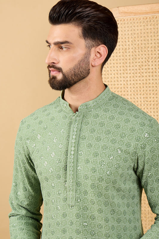 Green Viscose Rayon Solid Embroidered Straight Kurta with Trousers MKSET1058