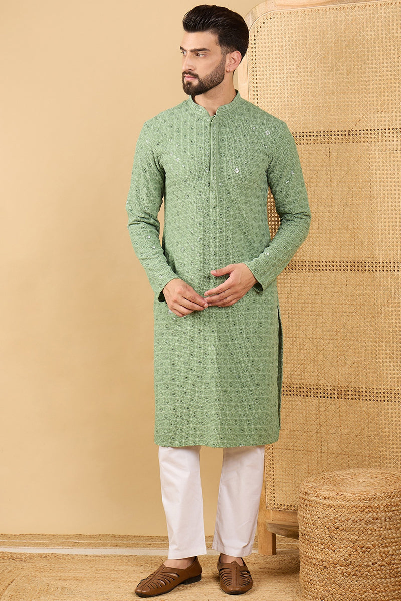 Green Viscose Rayon Solid Embroidered Straight Kurta with Trousers MKSET1058
