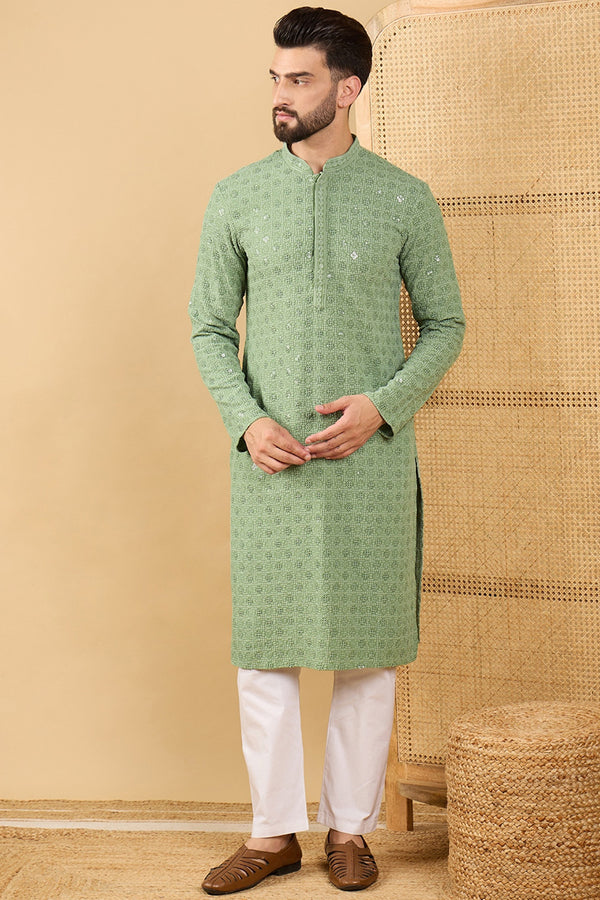 Green Viscose Rayon Solid Embroidered Straight Kurta with Trousers MKSET1058