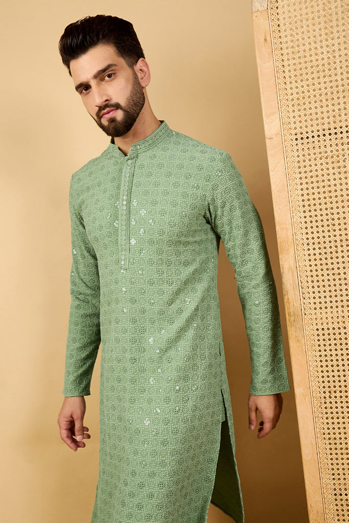 Green Viscose Rayon Solid Embroidered Straight Kurta with Trousers MKSET1058