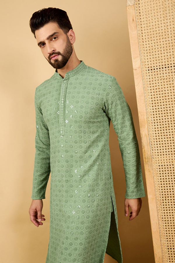 Green Viscose Rayon Solid Embroidered Straight Kurta with Trousers MKSET1058