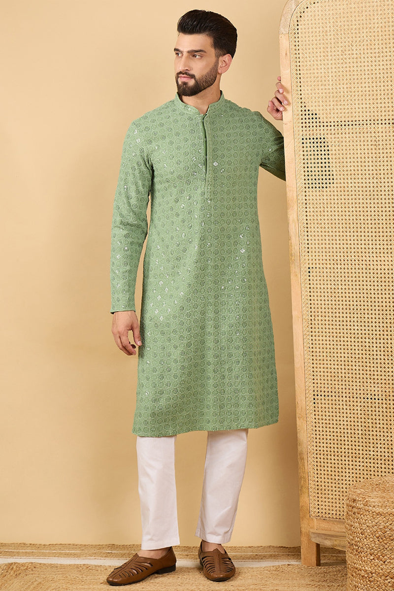 Green Viscose Rayon Solid Embroidered Straight Kurta with Trousers MKSET1058