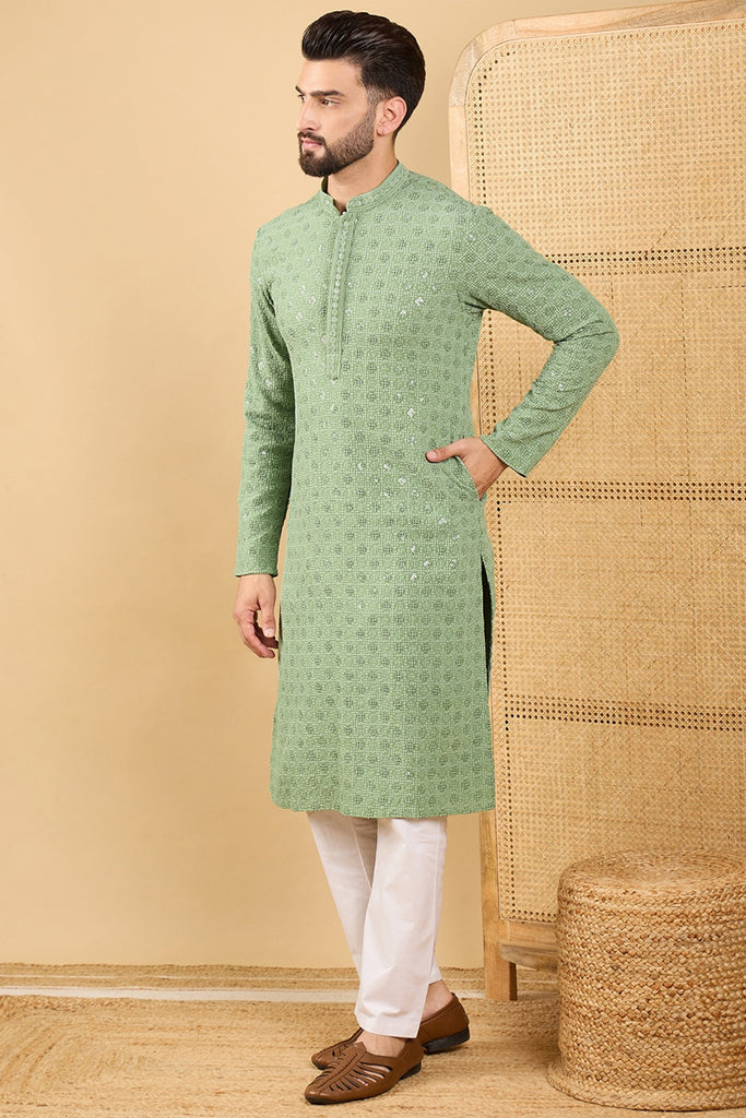 Green Viscose Rayon Solid Embroidered Straight Kurta with Trousers MKSET1058