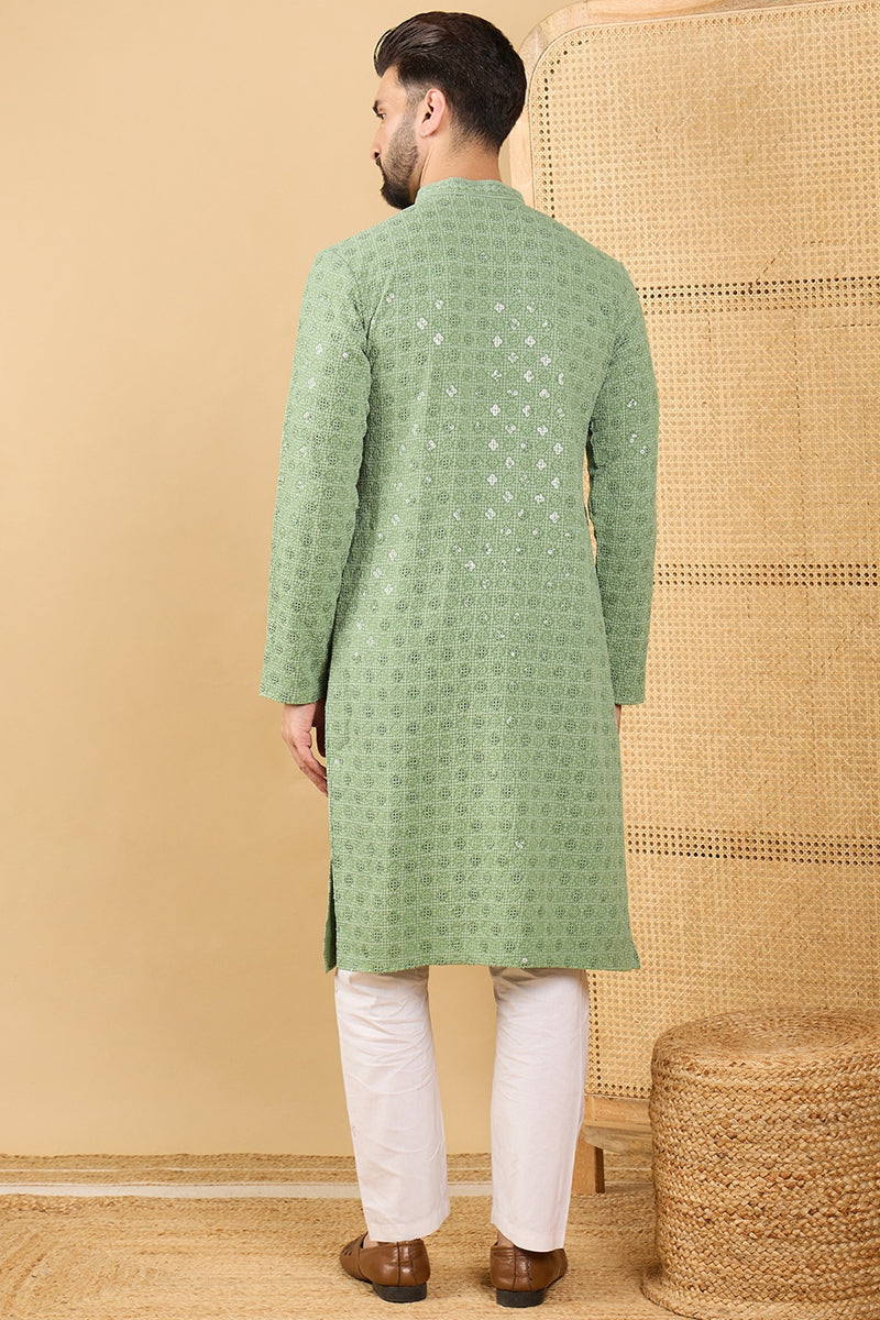 Green Viscose Rayon Solid Embroidered Straight Kurta with Trousers MKSET1058