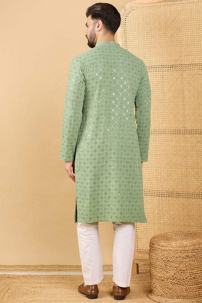 Green Viscose Rayon Solid Embroidered Straight Kurta with Trousers MKSET1058