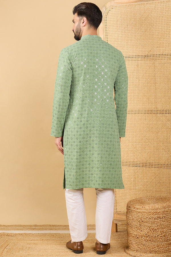 Green Viscose Rayon Solid Embroidered Straight Kurta with Trousers MKSET1058