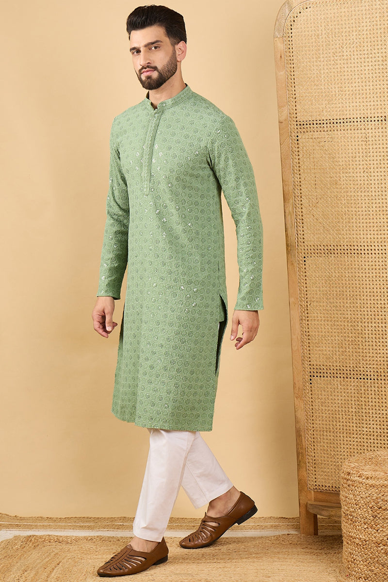 Green Viscose Rayon Solid Embroidered Straight Kurta with Trousers MKSET1058
