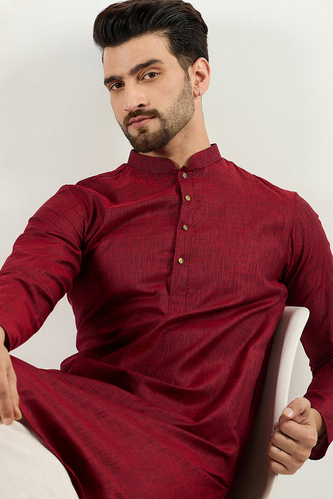 Maroon Pure Cotton Solid Woven Design Straight Kurta with Trousers MKSET1096