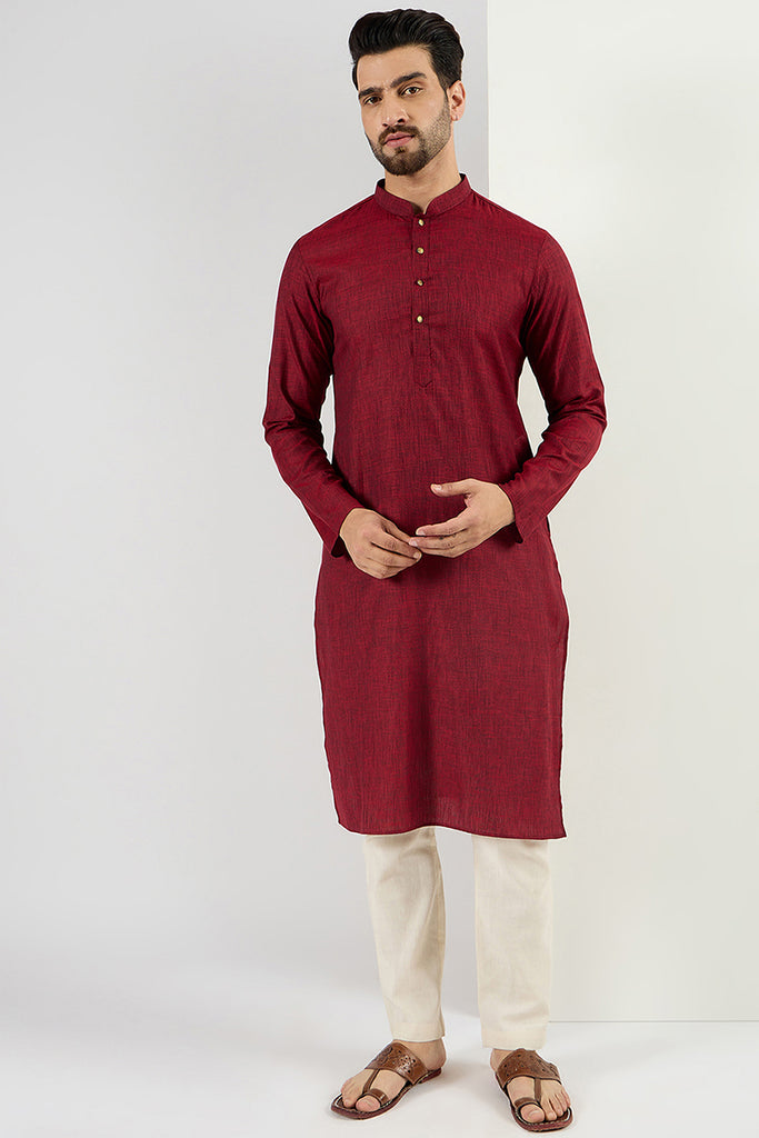 Maroon Pure Cotton Solid Woven Design Straight Kurta with Trousers MKSET1096