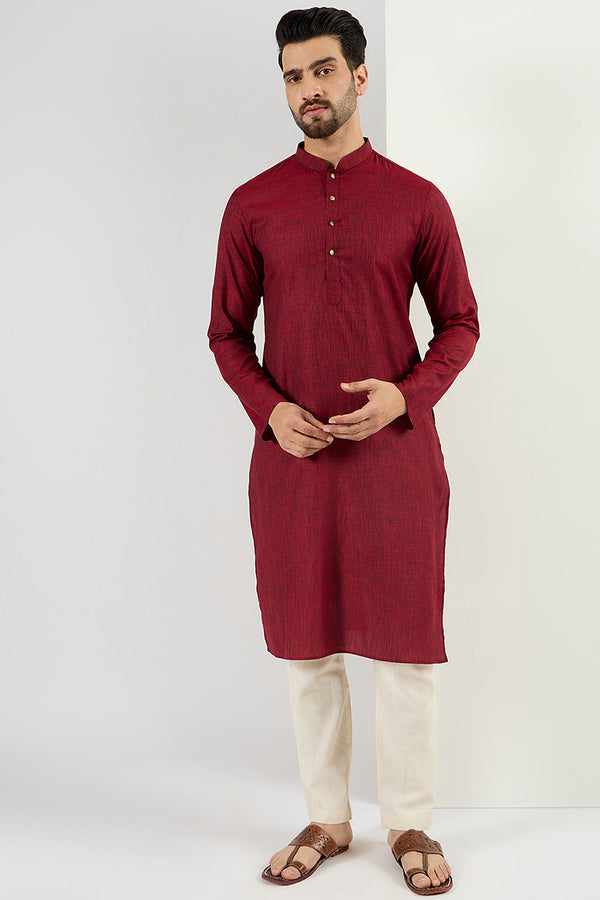 Maroon Pure Cotton Solid Woven Design Straight Kurta with Trousers MKSET1096