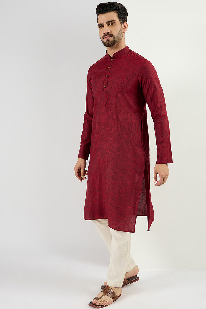 Maroon Pure Cotton Solid Woven Design Straight Kurta with Trousers MKSET1096