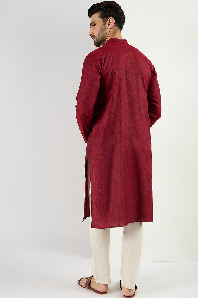 Maroon Pure Cotton Solid Woven Design Straight Kurta with Trousers MKSET1096