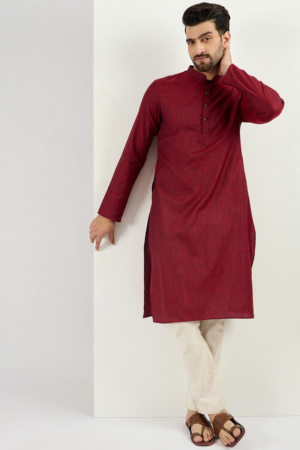 Maroon Pure Cotton Solid Woven Design Straight Kurta with Trousers MKSET1096