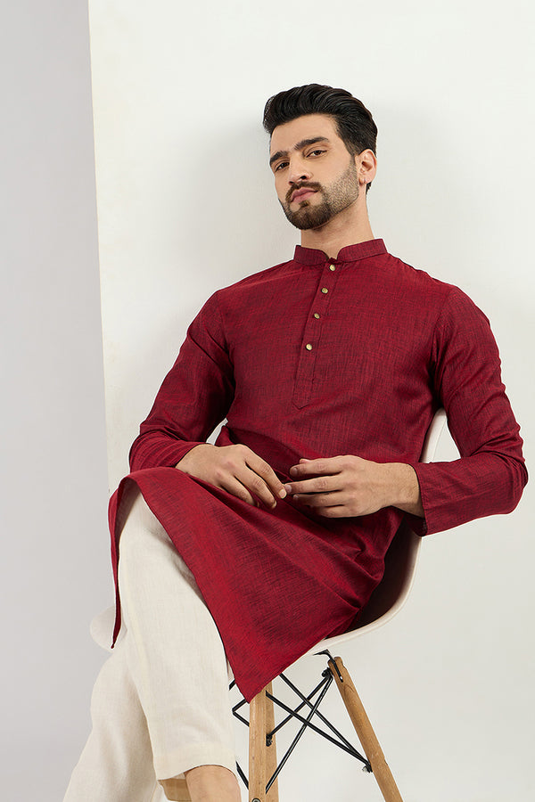 Maroon Pure Cotton Solid Woven Design Straight Kurta with Trousers MKSET1096